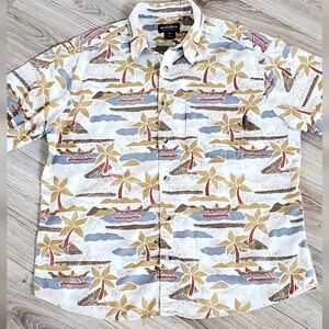 Woolrich Vtg Island/Rowing Canoe/Palm Trees, Cotton, Short Sleeve Shirt Large